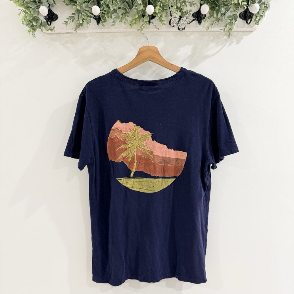 Onia Graphic T Shirt Navy Sunset Palm Tree Design Short Sleeves Size M ZZ4664